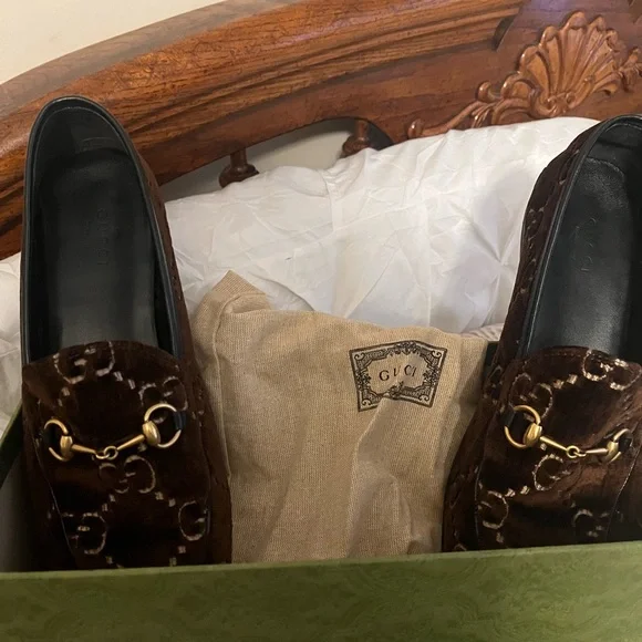 Gucci Brown Velvet Loafers with Gold Accent